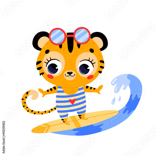 Photography Flat vector doodle cute cartoon summer surfing tiger