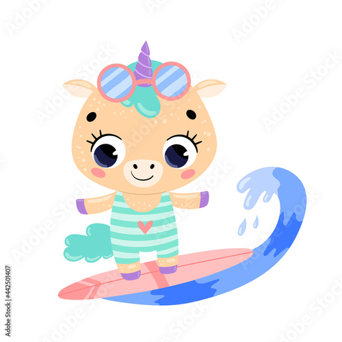 Photography Flat doodle cute cartoon summer surfing unicorn