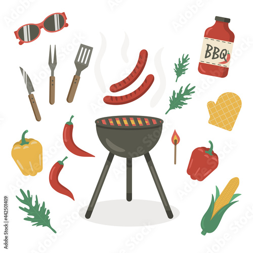 Barbeque set. Collection of equipment for cooking bbq. Sausages and vegetables. Isolated flat vector illustration on white background.