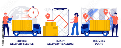Express delivering, online smart tracking, courier, order delivery point concept with tiny people. Parcel shipment services vector illustration set. Cargo truck location, courier with box metaphor