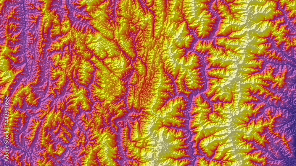 Red Purple and Yellow Digital Elevation Model in North of Myanmar