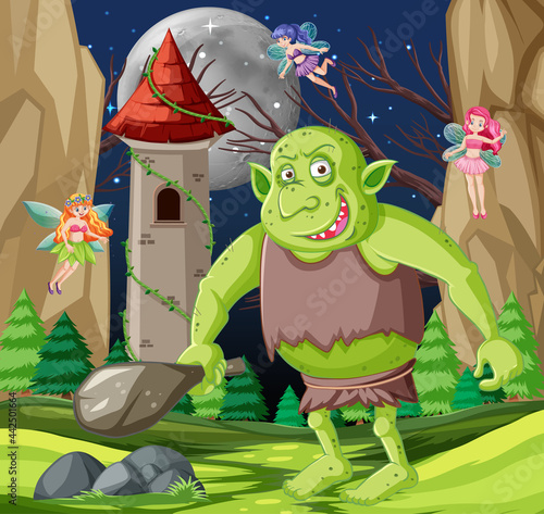 Night scene with goblin or troll cartoon character