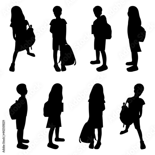Children with schoolbags black silhouettes set, schollboy kids isolated, pupils boys and girs in different poses with bags, back to school vector Illustration.