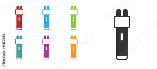 Black Police electric shocker icon isolated on white background. Shocker for protection. Taser is an electric weapon. Set icons colorful. Vector