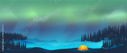 Camping in tent under Aurora Borealis Northern Lights in Snow