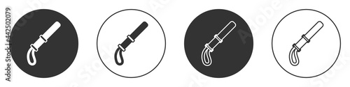 Black Police rubber baton icon isolated on white background. Rubber truncheon. Police Bat. Police equipment. Circle button. Vector
