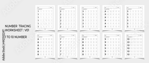 Kindergarten Number Tracing Worksheets, math for  educational math game design, Printable worksheet, set 1 photo