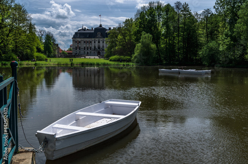 Boat in the pond in Palace Garden in Pszczyna Castle, Zamek w Pszczynie, Poland