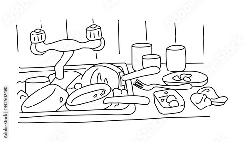 片づけていない汚いキッチンのイラスト