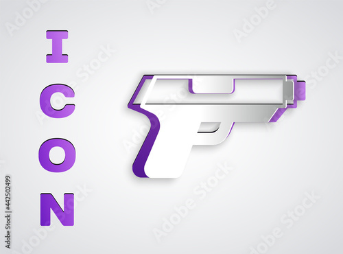 Paper cut Pistol or gun icon isolated on grey background. Police or military handgun. Small firearm. Paper art style. Vector