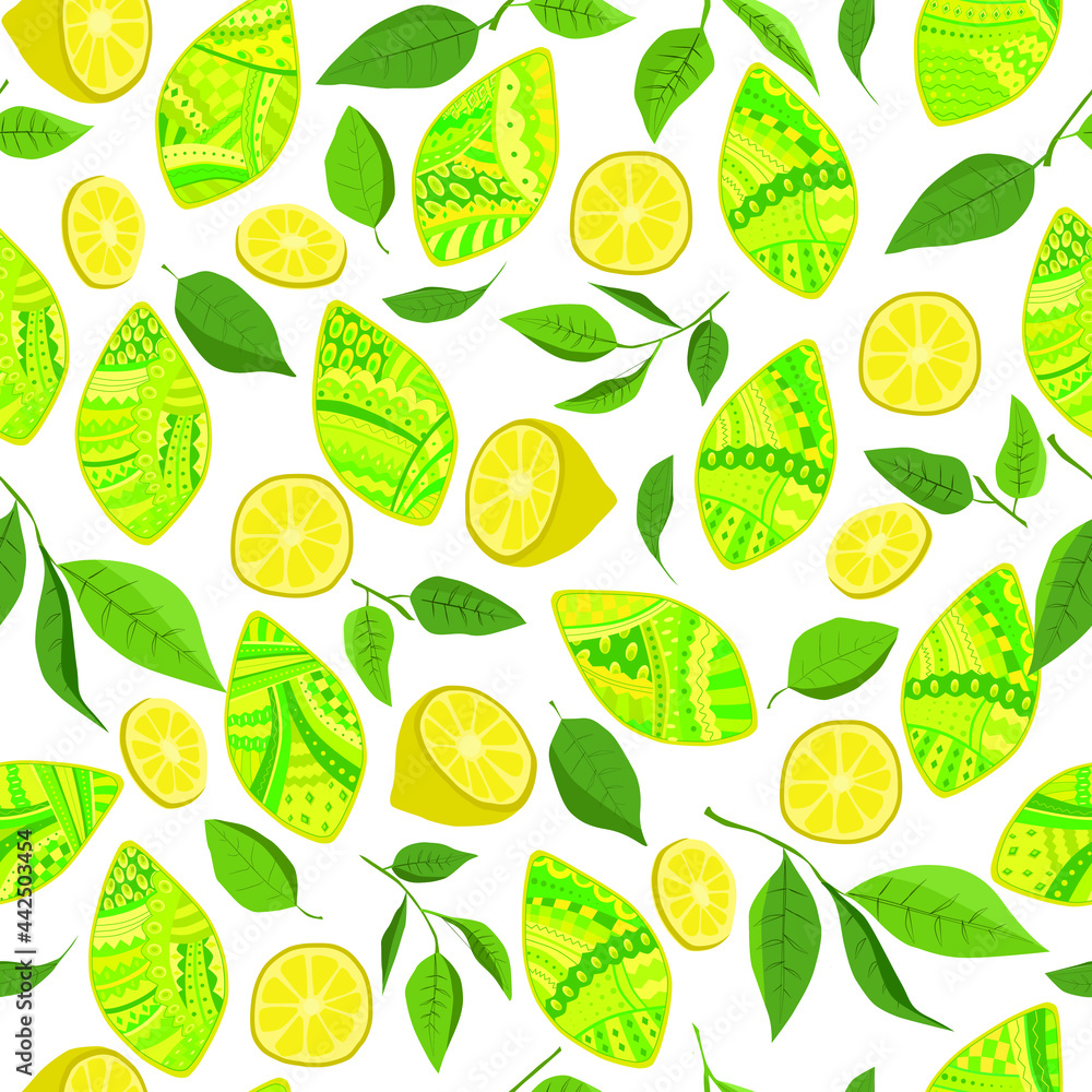 seamless vector patterns with lemons and leaves. Yellow and green lemon fresh summer ornaments for printing fabrics and packaging decoration. seamless vector patterns with lemons and leaves. Yellow and green lemon fresh summer ornaments for printing fabrics and packaging decoration.