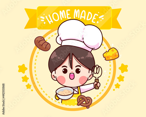 Hand drawn chef and bakery logo cartoon art illustration