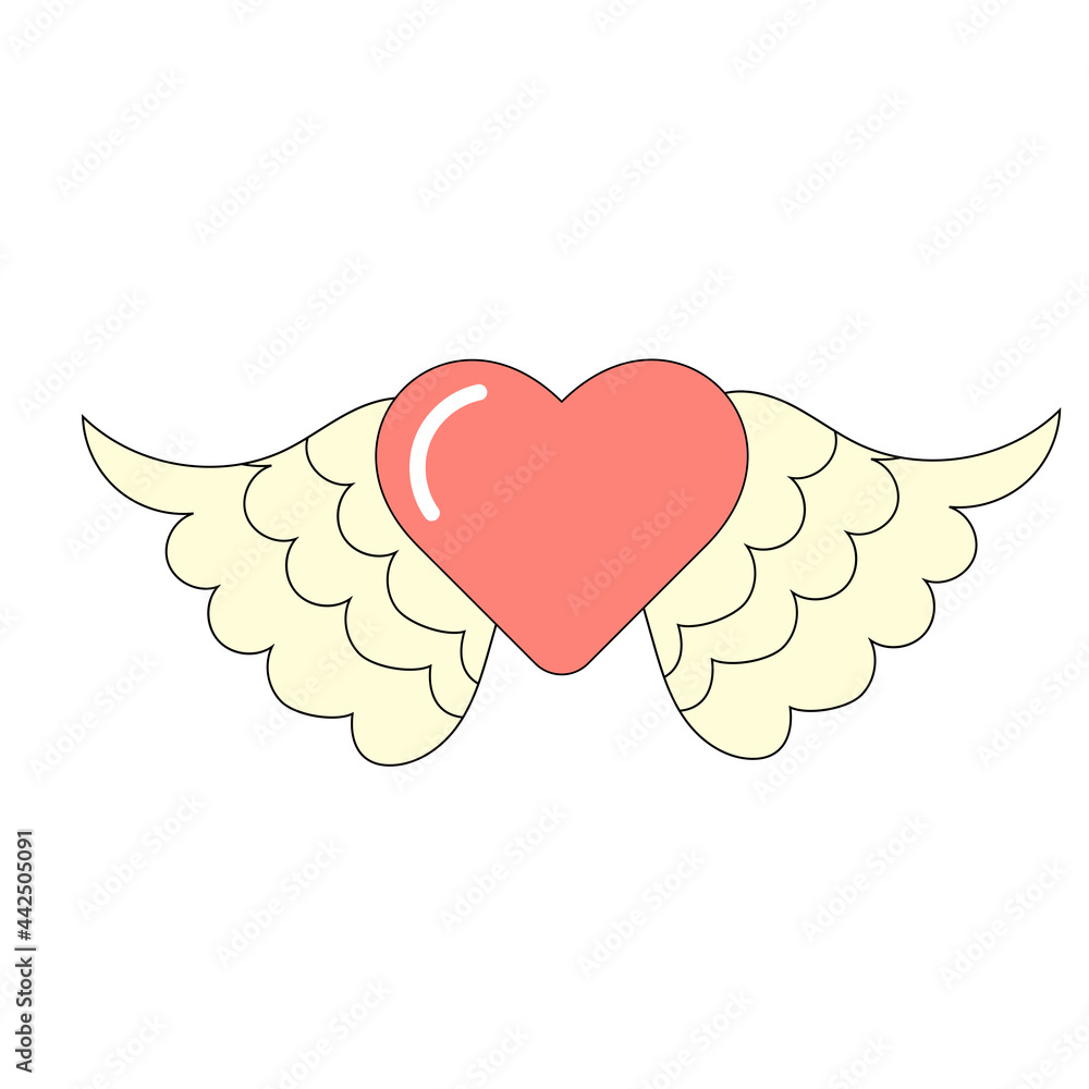 Red heart with angel wings. Love and Valentine day symbol. Vector illustration.