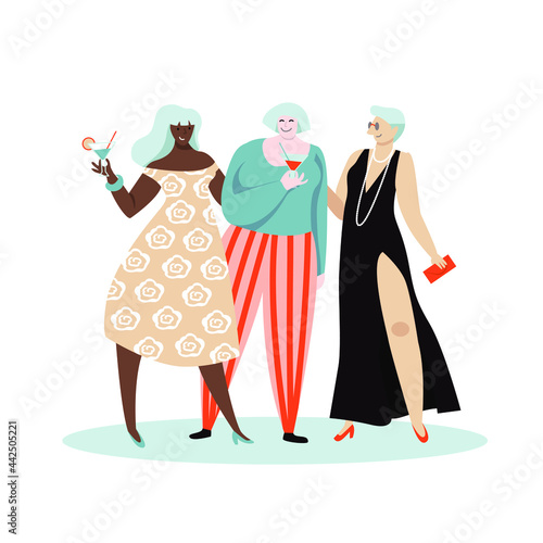 Three middle aged women chatting and drinking cocktails. Vector art, trendy character design. Concept illustration of modern independent adult women spending time with friends and being happy.