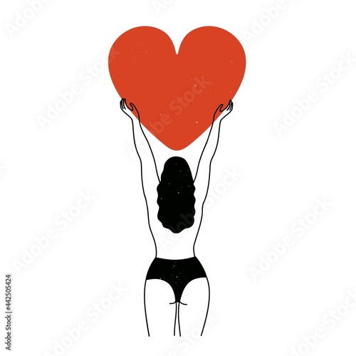 Vector illustration with black and white long hair woman holding big red heart. Self love and care poster, greeting card template