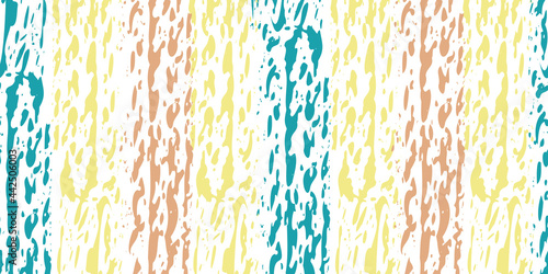 Striped painterly seamless vector border. Banner with coarse brush stroke wide alternating stripes in blue, orange, yellow. Bright painted parallel vertical stripes. For ribbon, header, edging, trim