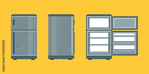 Grey refrigerators front, side and open door on yellow background flat vector icon.