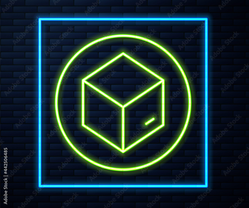Glowing neon line Carton cardboard box icon isolated on brick wall background. Box, package, parcel sign. Delivery and packaging. Vector Glowing neon line Carton cardboard box icon isolated on brick wall background. Box, package, parcel sign. Delivery and packaging. Vector