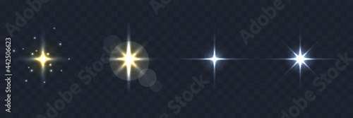 Flash of light on a dark background. Glow sparkle and flashing flare vector effect.