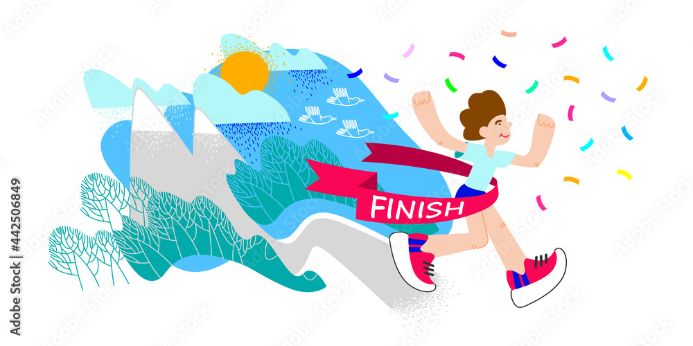 Trail Running, winner. Runner crossing finish line with red ribbon. Finisher of marathon with confetti. Athlete running a distance outdoors.