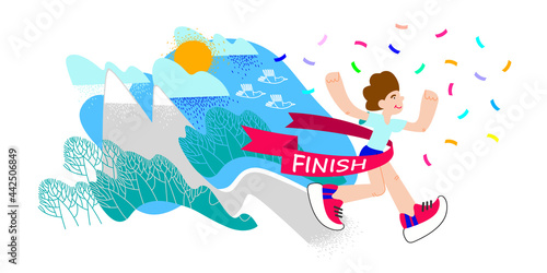 Trail Running, winner. Runner crossing finish line with red ribbon. Finisher of marathon with confetti. Athlete running a distance outdoors.