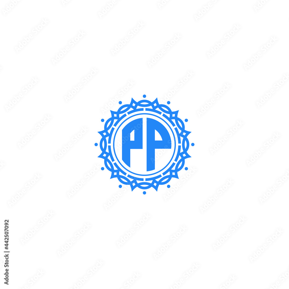 Letter PP in blue stamp logo