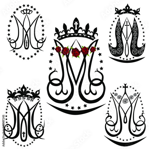 Ave Maria. Monogram of the Blessed Virgin Mary with crown, cross and stars. Set of religious signs. Vector design. photo