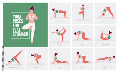 Yoga poses For Flat Stomach. Young woman practicing Yoga pose. Woman workout fitness  aerobic and exercises. Vector Illustration.  
