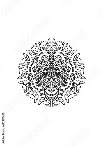 Mandala design for graphic projects. Ideal anti-stress image to prevent anxiety. Coloring book page template.