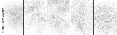 Set of distressed black texture. Dark grainy texture on white background. Dust overlay textured. Grain noise particles. Rusted white effect. Halftone vector illustration, Eps 10.
