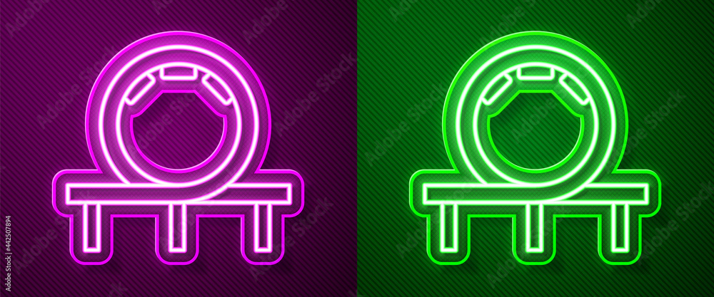 Glowing neon line Roller coaster icon isolated on purple and green background. Amusement park. Childrens entertainment playground, recreation park. Vector Glowing neon line Roller coaster icon isolated on purple and green background. Amusement park. Childrens entertainment playground, recreation park. Vector