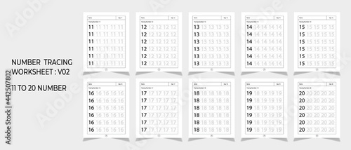 Kindergarten Number Tracing Worksheets, math for educational math game design, Printable worksheet, set 2