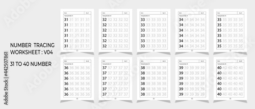 Kindergarten Number Tracing Worksheets, math for educational math game design, Printable worksheet, set 4