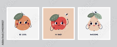 Cute vector cartoon cartd with funny fruits characters: Apple, Pear, Orange and cool tags. Cartoon illustration for nursery room decor, children design