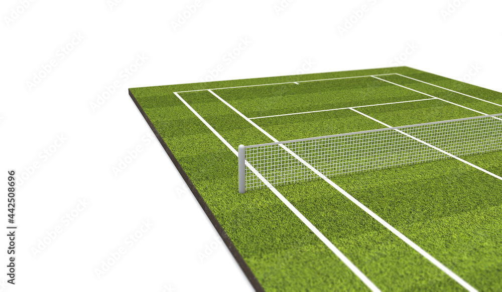 Grass tennis court with white markings and net. 3D Rendering