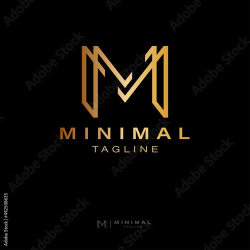 Minimalist letter M logo design icon. With gold color on black background. Perfect use for business logo
