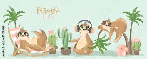 Summer postcard with a cute sloth on the background. A handwritten greeting   Paradise Enjoy . Vector illustration.