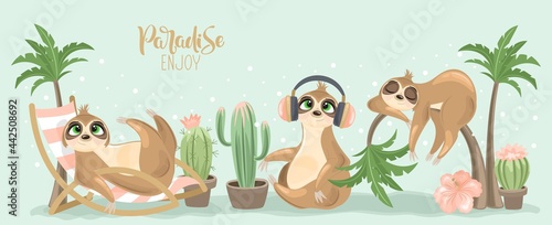 Summer postcard with a cute sloth on the background. A handwritten greeting " Paradise Enjoy". Vector illustration.