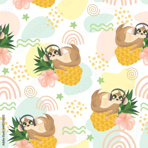 Seamless pattern with a cute sloth on a summer background. Vector illustration.