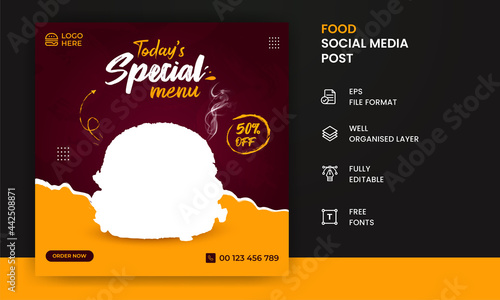 Creative Food social media post square banner, editable vector template for restaurant ads and Instagram or Facebook ad design