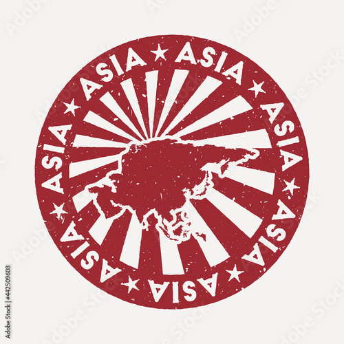 Asia stamp. Travel red rubber stamp with the map of the continent, vector illustration. Can be used as insignia, logotype, label, sticker, or badge of Asia.