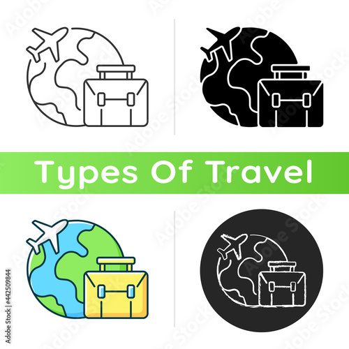 Business travel icon. Fly abroad for work meeting. International journey. Corporate trip to foreign country. Tourism industry. Linear black and RGB color styles. Isolated vector illustrations