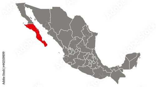 Baja California Sur state blinking red highlighted in map of Mexico photo