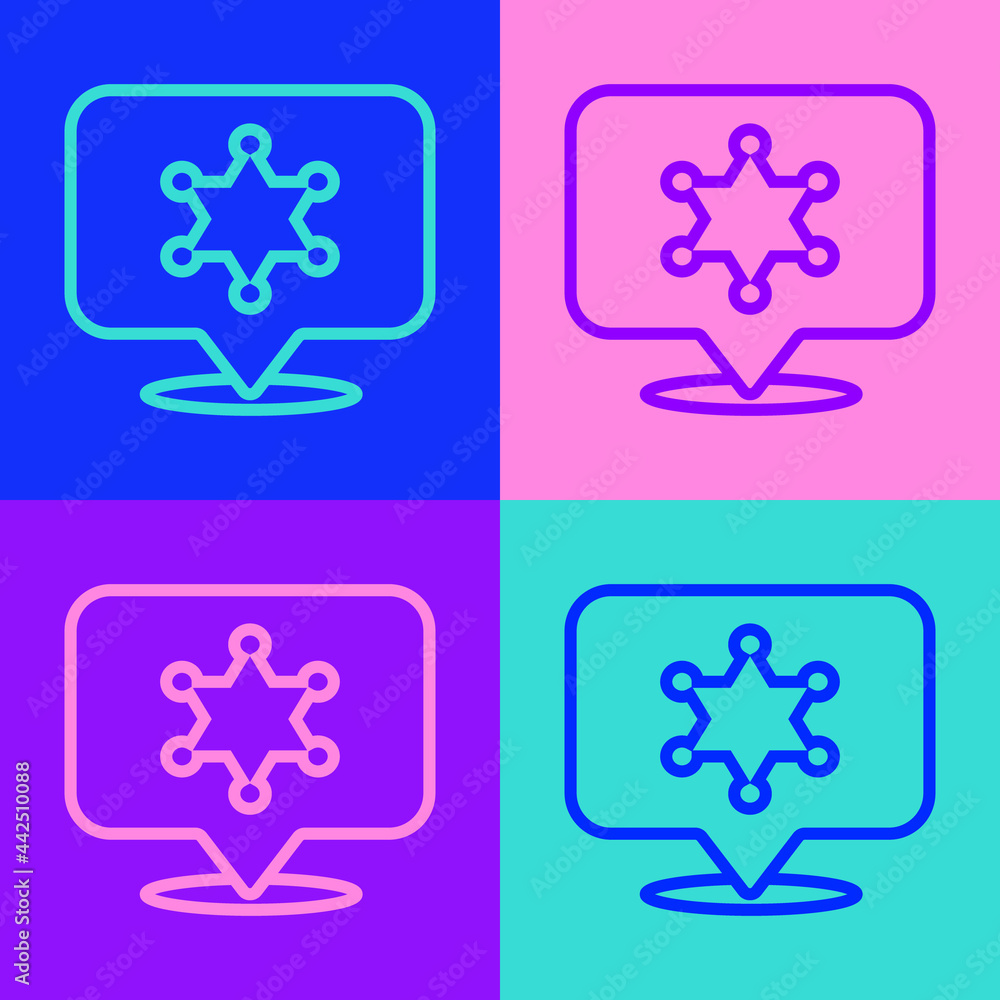 Pop art line Hexagram sheriff icon isolated on color background. Police badge icon. Vector Pop art line Hexagram sheriff icon isolated on color background. Police badge icon. Vector