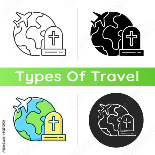 Tombstone tourism icon. Cemetery exploration enthusiast traveller. Fly abroad for funeral. Travel industry category. Linear black and RGB color styles. Isolated vector illustrations photo