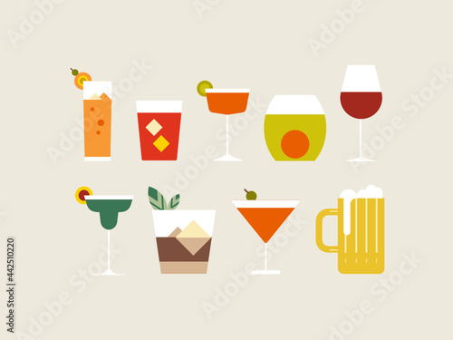 Cocktails drinks set. Variety of alchoholic and non alcoholic cocktails, drinks in glasses. Bar drinks colorful illustration collection. Vector. photo