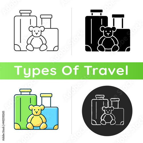 Family vacation icon. Kid friendly trip. Travelling with children. Recreation for parents and child. Travel industry category. Linear black and RGB color styles. Isolated vector illustrations