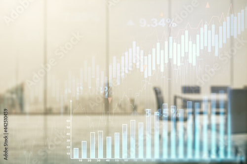 Multi exposure of virtual abstract financial graph interface on a modern coworking room background, financial and trading concept © Pixels Hunter