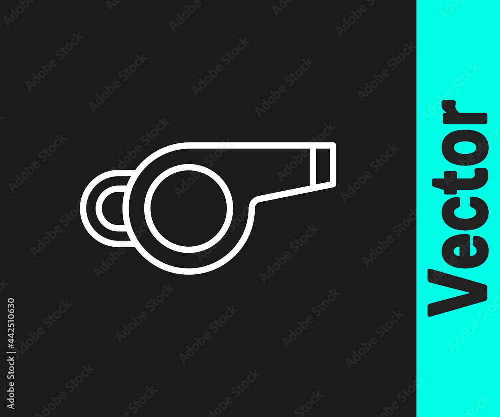 White line Whistle icon isolated on black background. Referee symbol. Fitness and sport sign. Vector White line Whistle icon isolated on black background. Referee symbol. Fitness and sport sign. Vector