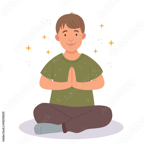 The child does yoga.The little boy does exercise.The boy is praying or meditating.Illustration for children's book.Simple Hand drawn illustration.
